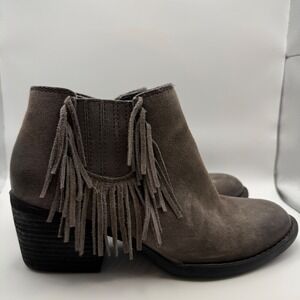 Born Taupe Suede Fringe Ankle Boots Western Boho Rodeo Block Heel Womens 8.5M